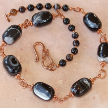 BLACK ICE - Banded Black Agate Copper Wire-Wrapped Gemstone Necklace Handmade