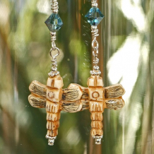 BLUE SKIMMER - Bone Dragonfly Carved Blue Swarovski Handmade Earrings