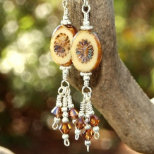 CREAMY LATTE - Picasso Czech Glass Tan Brown Swarovski Silver Earrings, Handmade Jewelry