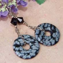 SNOW IN THE NIGHT - Snowflake Obsidian Swarovski Sterling Earrings, Handmade 