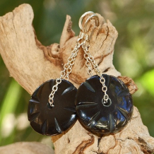 ADORNMENT - Carved Black Horn Sterling Chain Earrings Handmade 
