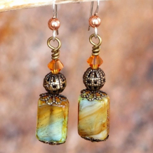 TURQUOISE AND CARAMEL - Handmade Earrings, Turquoise Caramel Czech Picasso Glass Brass 