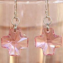 LOVE - Swarovski Crystal Cross Earrings, Pink Sterling Handmade Christian