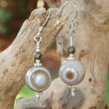 WHEN BEAUTY CALLS - Banded Evil Eye Agate Pyrite Sterling Earrings, Handmade