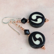 NECESSARY BALANCE - Yin Yang Batik Bone Handmade Earrings, Copper Swarovski Jewelry