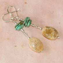 SEA FLOWERS -  Fossil Coral & Turquoise Sterling Handmade Dangle Earrings