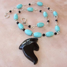AT PLAY NEAR FRIDAY HARBOR - Black Agate Orca Turquoise Magnesite Onyx Handmade Necklace