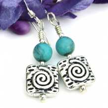 TURQUOISE SWIRLS - Pewter Spiral Smoked Turquoise Glass Earrings, Handmade Dangle Jewelry