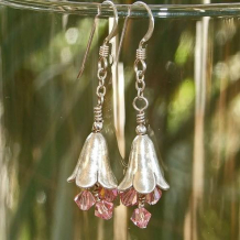 THAI FLOWERS - Thai Hill Tribes Flower Cones Pink Crystals Handmade Earrings