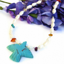 FLY HIGH - Faux Turquoise Blue Bird Handmade Necklace, Pearls Gemstone Jewelry