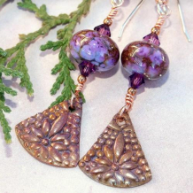 MAGICAL HUES - Copper Flower Purple Lampwork Swarovski Earrings, Handmade Jewelry