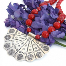 RED FAN DANCE - Thai Fan Pendant Handmade Necklace, Mountain Jade Red Jewelry