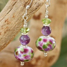 WISTERIA IN THE SPRING - Lampwork Green Purple Amethyst Peridot Handmade Earrings