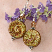 ANCIENT SHELLS - Czech Glass Spiral Shell Swarovski Handmade Earrings
