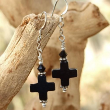 FAITH - Crosses Black Onyx Swarovski Sterling Silver Handmade Earrings
