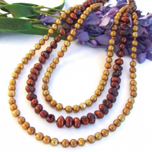 ALLURING - Multi Strand Pearl Handmade Necklace, Maroon Gold Copper Beaded Jewelry