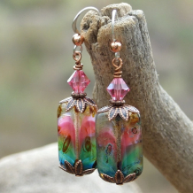 ANTICO - Picasso Czech Glass Handmade Earrings, Pink Swarovski Beaded Jewelry