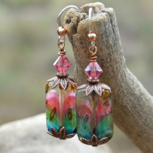 ANTICO - Picasso Czech Glass Handmade Earrings, Pink Swarovski Beaded Jewelry ANTICO - Picasso Czech Glass Handmade Earrings, Pink Swarovski Beaded Jewelry