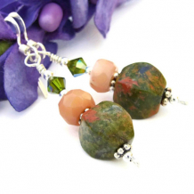 HARMONY - Rhyolite Handmade Earrings, Green Gemstone Peach Coral Beaded Jewelry