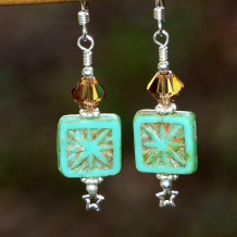 STAR BRIGHT - Turquoise Star Czech Glass Handmade Earrings, Swarovski Jewelry