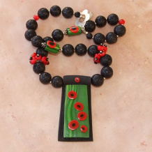 POPPY GARDEN - Red Poppy Pendant Unique Necklace, Handmade Coral Black Lava Coral 