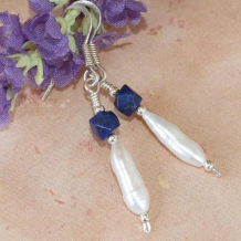 TIBETAN DREAMS - Stick Pearls Lapis Lazuli Nuggets Handmade Earrings