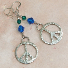 PEACE ON EARTH - Hammered Sterling Peace Signs and Swarovski Earrings, Handmade Jewelry