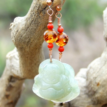 AWAKENED ONE - Buddha Green Jade Handmade Earrings, Amber Coral Beaded Jewelry Unique
