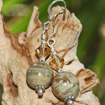AWAKENING - Silver Leaf Jasper Swarovski Crystals Sterling, Handmade Earrings