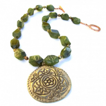 SPELLBOUND - Mandala Pendant Handmade Necklace, Green Garnet Unique Gemstone Jewelry