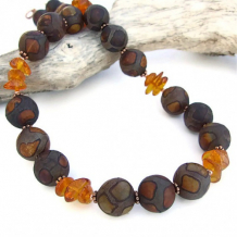 TIMELESS MEDLEY - Etched Agate Amber Handmade Necklace, Copper Gemstone Jewelry 