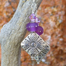 PURPLE PEACE - Pewter Cross Earrings, Swirls Handmade Purple Lampwork Crystal Jewelry