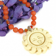  ABLAZE - Bone Sun Pendant Jade Handmade Necklace, Swarovski Beaded Jewelry