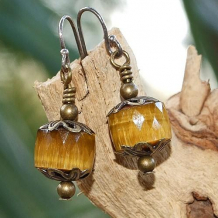 TIGRESS - Golden Tigers Eye,Brass Bead Caps Sterling Handmade Earrings