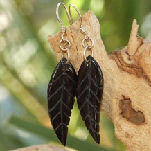BLACK FEATHERS - Carved Black Onyx Feathers Sterling Handmade Earrings