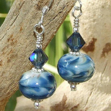 DENIM BLUE - Denim Blue Lampwork Beads Swarovski Handmade Earrings
