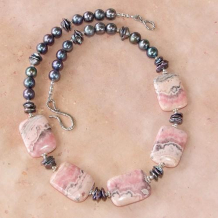 INCA ROSE - Pink Rhodochrosite Keshi Pearls Gray Handmade Necklace