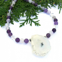 EARTH FLOWER - Solar Quartz Stalactite Handmade Necklace, Rainbow Fluorite Gemstones