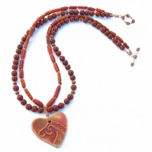 FOR THE LOVE OF HORSES - Celtic Horse Heart Handmade Necklace, Red Jasper Coral Unique Jewelry
