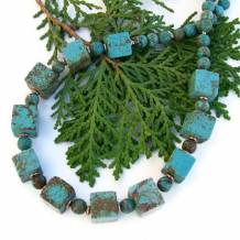 DESERT WINDS - Handmade Turquoise Magnesite Necklace Cubes Copper Unique Jewelry
