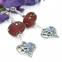 PEACE AND LOVE! - Peace Signs Hearts Handmade Earrings, Lampwork Sterling Jewelry