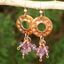 SPRING BEAUTY - Copper Daisy Hoops Amethyst Handmade Earrings,  Gemstone Jewelry