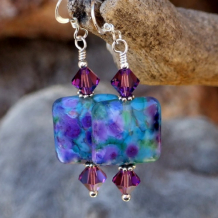  LILAC TIME - Lampwork Handmade Earrings, Swarovski Sterling Purple Aqua Beaded