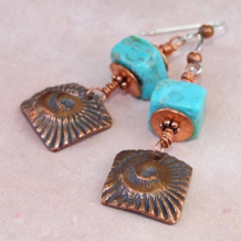 AGELESS AMMONITES - Copper Ammonites Turquoise Gemstone Earrings, Handmade