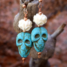 DAY OF THE DEAD MEETS ZEN - Day of the Dead Skull Earrings, Lotus Handmade Turquoise Bone Halloween 