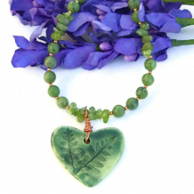 A TASTE OF SPRING - Fern Heart Pendant Handmade Necklace Peridot Jasper Organic Green