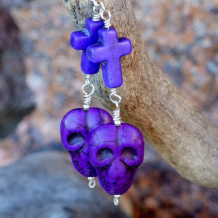 GOTHIC GOODNESS - Purple Skull Crosses Day of the Dead Halloween Goth Handmade Earrings