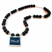 PAZ - Peace Paz Pendant Handmade Necklace, Lava Stone Swarovski Beaded Jewelry