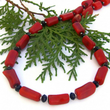 MAUNA LOA - Red Coral Black Onyx Handmade Necklace, Unique Beaded Jewelry