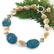 MAKE A SPLASH - Turquoise Sea Sediment Jasper and Mother of Pearl Bracelet, Handmade Unique